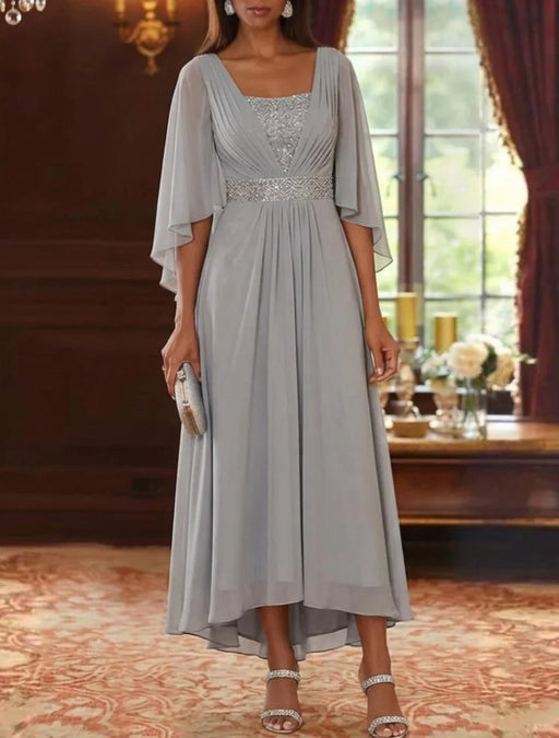 Collar Neck Chiffon Mother of the Bride Dresses Sequins Tea-Length Wedding Guest Dress with3/4 Sleeves