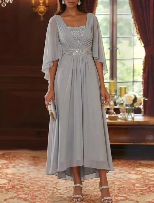 Collar Neck Chiffon Mother of the Bride Dresses Sequins Tea-Length Wedding Guest Dress with3/4 Sleeves