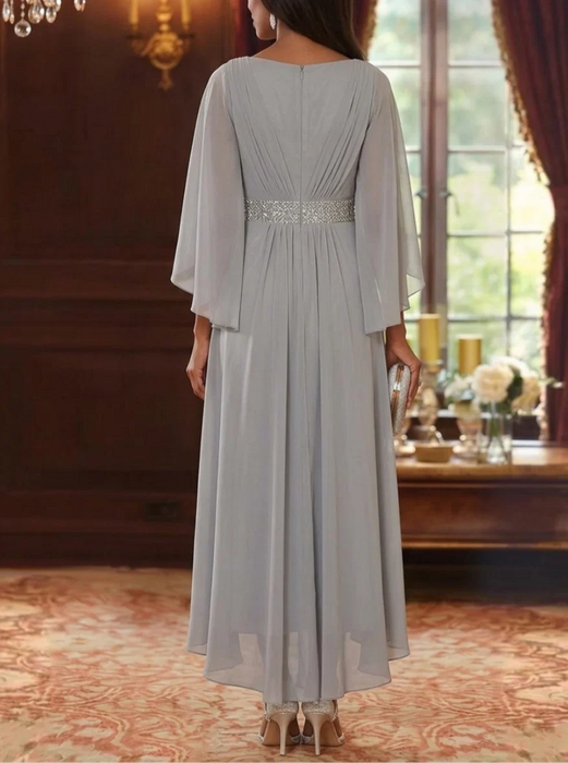 Collar Neck Chiffon Mother of the Bride Dresses Sequins Tea-Length Wedding Guest Dress with3/4 Sleeves