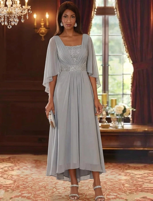 Collar Neck Chiffon Mother of the Bride Dresses Sequins Tea-Length Wedding Guest Dress with3/4 Sleeves