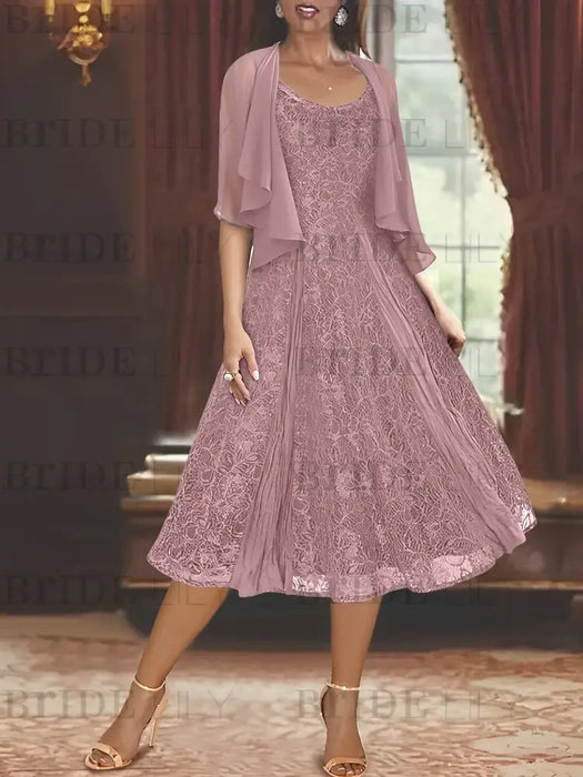 Princess A-Line Tea-Length Mother of the Bride Dress with Scoop Neck Half Sleeves Appliques and Jacket