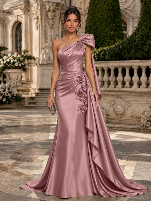 Mauve One Shoulder Satin Mermaid Evening Dresses with 3D Flowers