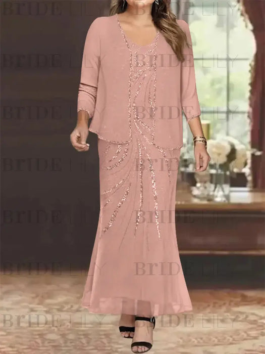 Plus Size V-Neck Ankle-Length Sheath/Column Mother of the Bride Dresses with Sequins & Jacket