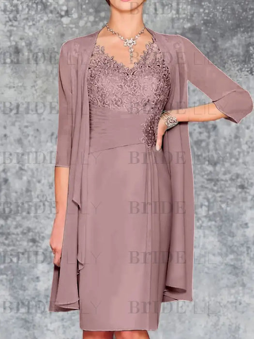 Mauve Knee-Length V-Neck Sheath/Column Mother of the Bride Dresses