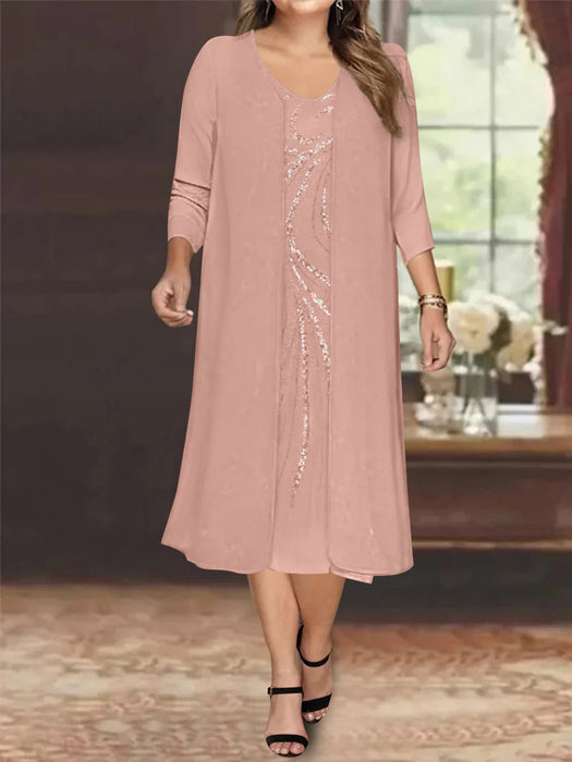 Mauve V-Neck Long-Sleeve Tea-Length Plus Size Mother of the Bride Dress with Jacket and Sequins