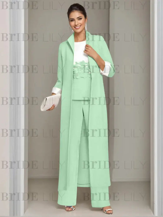 Ankle-Length Mother of the Bride Pantsuits in 3 Pieces Featuring Square Neck Jacket & Lace Appliques