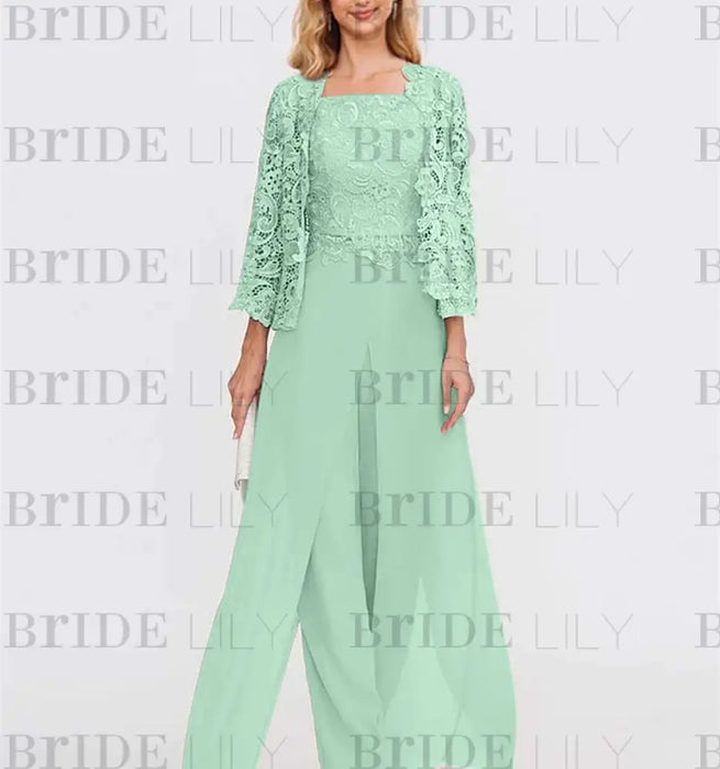 Floor-Length Square Neck Chiffon Mother of the Bride Pantsuit with Jacket & Side Split