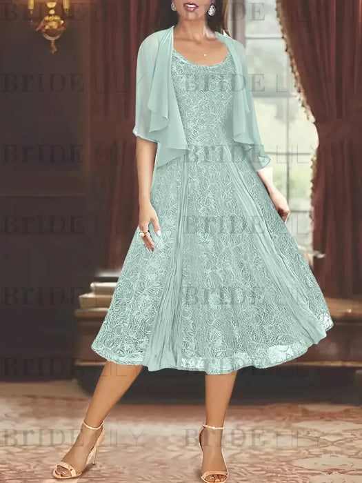 Princess A-Line Tea-Length Mother of the Bride Dress with Scoop Neck Half Sleeves Appliques and Jacket