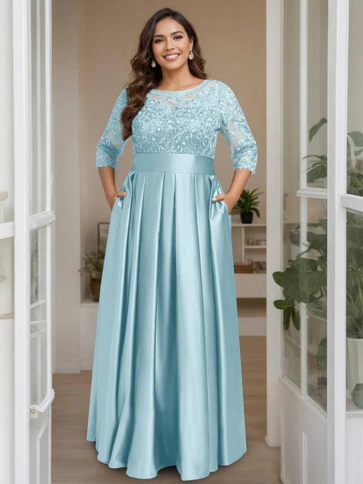 Mist Plus Size Floor-Length Mother of the Bride A-Line Dress with 3/4 Sleeves Scoop Neck Bow & Sequins