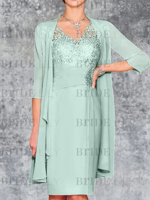 Mist Blue Knee-Length V-Neck Sheath/Column Mother of the Bride Dresses
