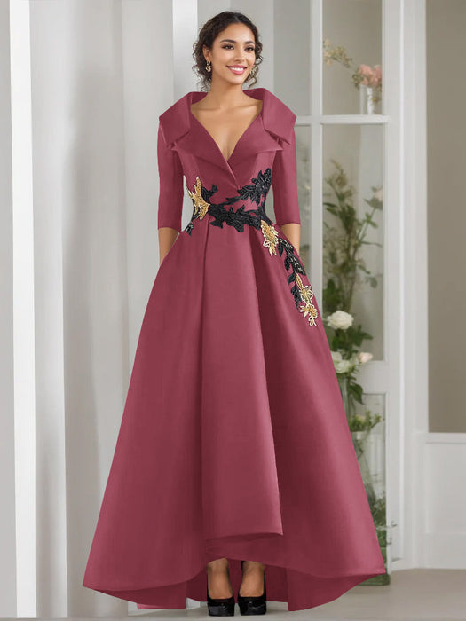 V-Neck A-Line Princess Floor-Length Mother of the Bride Dress with 3/4 Sleeves Appliques and Beading