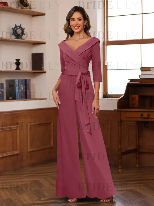 V-Neck Chiffon Jumpsuit with Ruched Detail and 3/4 Sleeves for the Mother