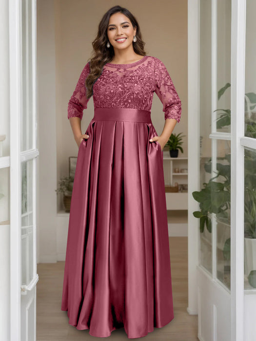 Mulberry Plus Size Floor-Length Mother of the Bride A-Line Dress with 3/4 Sleeves Scoop Neck Bow & Sequins