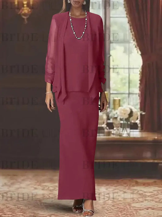 Floor-Length Scoop Neck Sheath Dress with Long Sleeves and Jacket for the Mother of the Bride