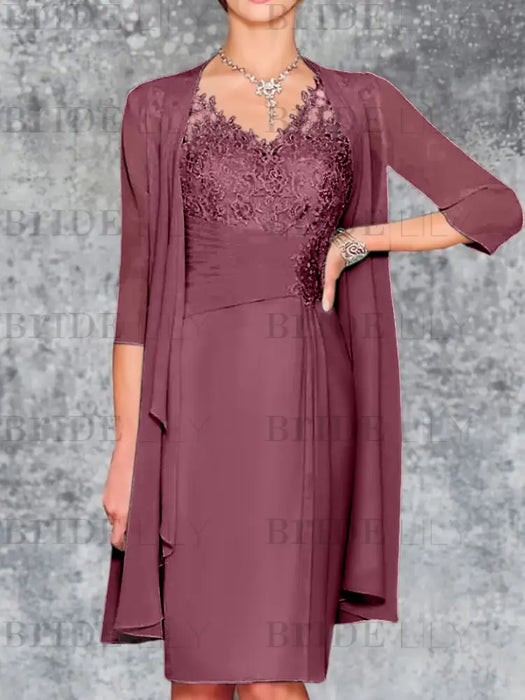 Mulberry Knee-Length V-Neck Sheath/Column Mother of the Bride Dresses