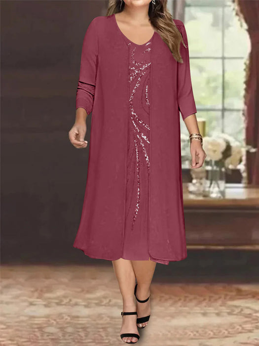Mulberry V-Neck Long-Sleeve Tea-Length Plus Size Mother of the Bride Dress with Jacket and Sequins