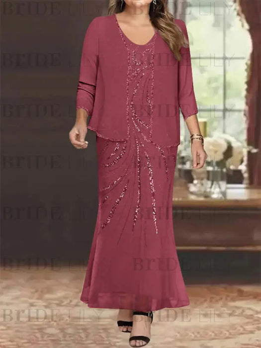Plus Size V-Neck Ankle-Length Sheath/Column Mother of the Bride Dresses with Sequins & Jacket