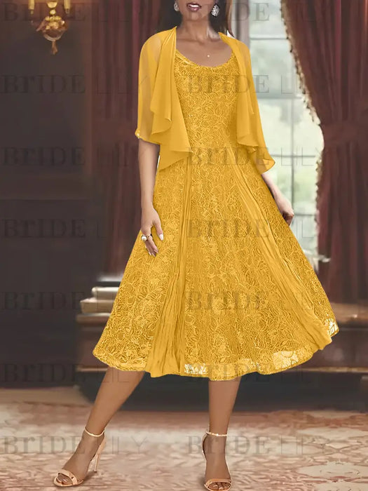 Princess A-Line Tea-Length Mother of the Bride Dress with Scoop Neck Half Sleeves Appliques and Jacket