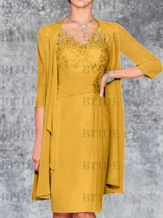 Yellow Knee-Length V-Neck Sheath/Column Mother of the Bride Dresses