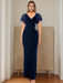 V-Neck Short Sleeve Floor-Length Velvet Sheath Dress with Ruffles and Appliques for the Mother of the Bride