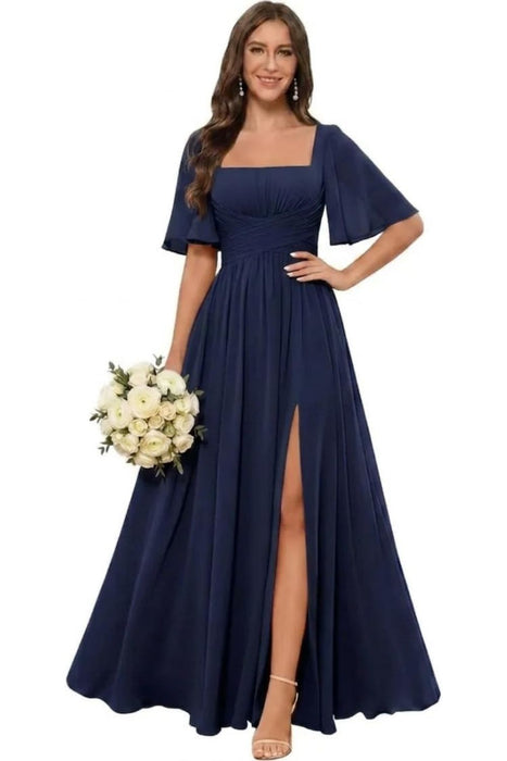 Square Neck Ruffle Sleeve Chiffon Bridesmaid Dress with Slit