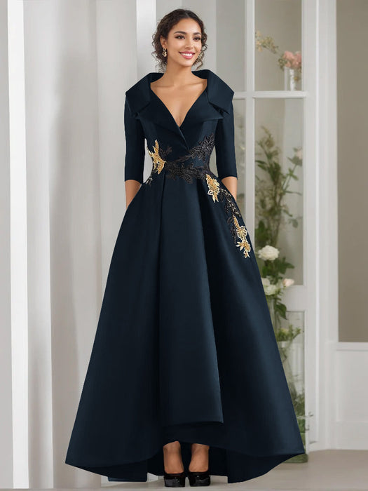 V-Neck A-Line Princess Floor-Length Mother of the Bride Dress with 3/4 Sleeves Appliques and Beading