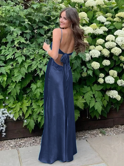 Navy Blue V-neck Beaded Satin A Line Prom Dress