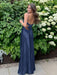 Navy Blue V-neck Beaded Satin A Line Prom Dress
