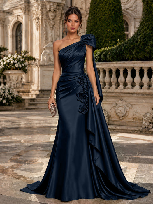 Navy Blue One Shoulder Satin Mermaid Evening Dresses with 3D Flowers