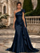 Navy Blue One Shoulder Satin Mermaid Evening Dresses with 3D Flowers