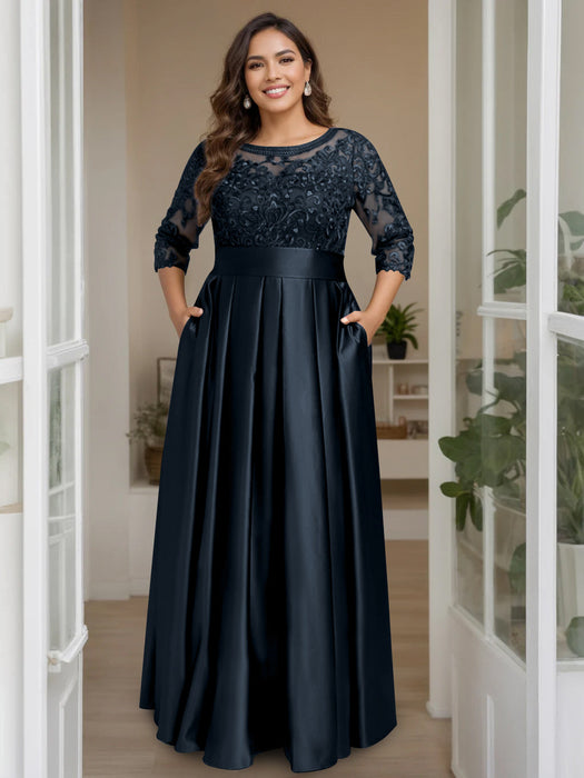 Navy Blue Plus Size Floor-Length Mother of the Bride A-Line Dress with 3/4 Sleeves Scoop Neck Bow & Sequins