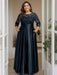 Navy Blue Plus Size Floor-Length Mother of the Bride A-Line Dress with 3/4 Sleeves Scoop Neck Bow & Sequins