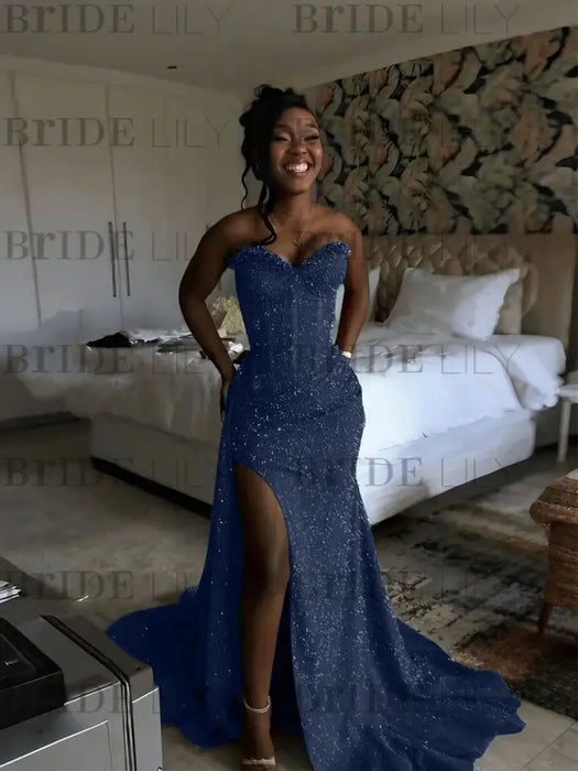 Navy Blue Sparkly Strapless Mermaid Sequined Prom Dress with Slit