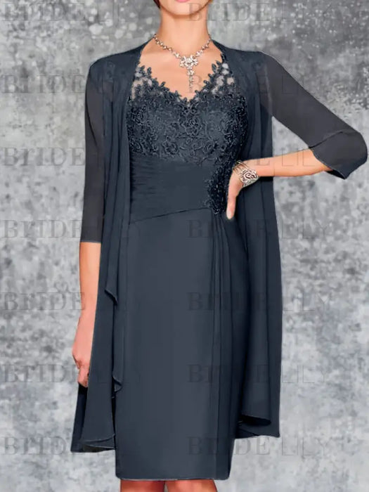 Navy Blue Knee-Length V-Neck Sheath/Column Mother of the Bride Dresses