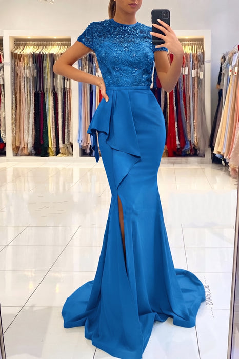 Ocean Blue Short Sleeve Lace Mermaid Prom Dress with Slit