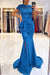 Ocean Blue Short Sleeve Lace Mermaid Prom Dress with Slit