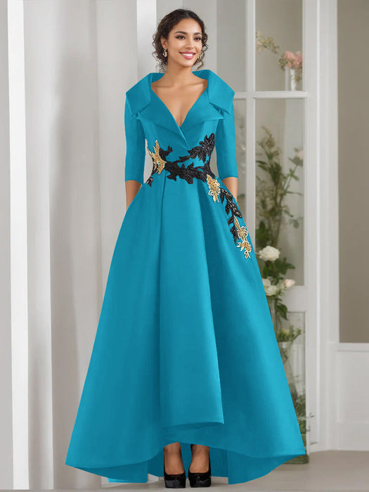 V-Neck A-Line Princess Floor-Length Mother of the Bride Dress with 3/4 Sleeves Appliques and Beading