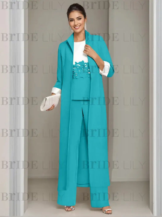 Ankle-Length Mother of the Bride Pantsuits in 3 Pieces Featuring Square Neck Jacket & Lace Appliques