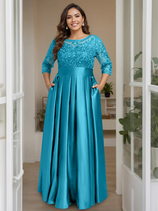 Ocean Blue Plus Size Floor-Length Mother of the Bride A-Line Dress with 3/4 Sleeves Scoop Neck Bow & Sequins
