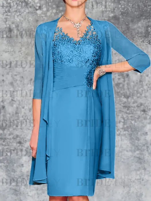 Ocean Blue Knee-Length V-Neck Sheath/Column Mother of the Bride Dresses