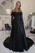 Off-the-Shoulder Satin Wedding Dress Aline Long Sleeves Lace Bridal Dress with Split Black