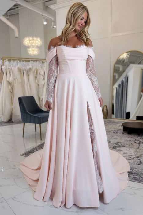 Off-the-Shoulder Satin Wedding Dress Aline Long Sleeves Lace Bridal Dress with Split Pink