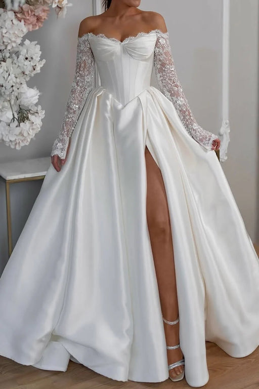 Off-the-Shoulder A-Line Satin Wedding-Dress Lace Long Sleeves with Front Split
