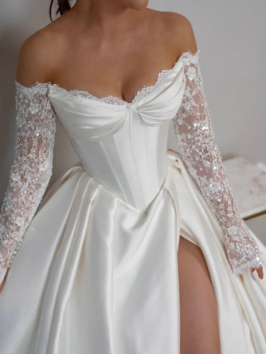 Off-the-Shoulder A-Line Satin Wedding-Dress Lace Long Sleeves with Front Split