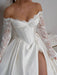 Off-the-Shoulder A-Line Satin Wedding-Dress Lace Long Sleeves with Front Split