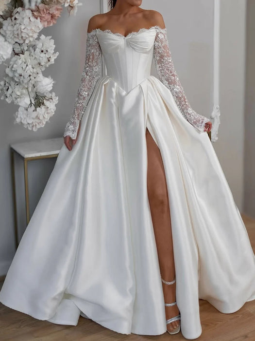 Off-the-Shoulder A-Line Satin Wedding-Dress Lace Long Sleeves with Front Split