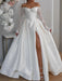 Off-the-Shoulder A-Line Satin Wedding-Dress Lace Long Sleeves with Front Split