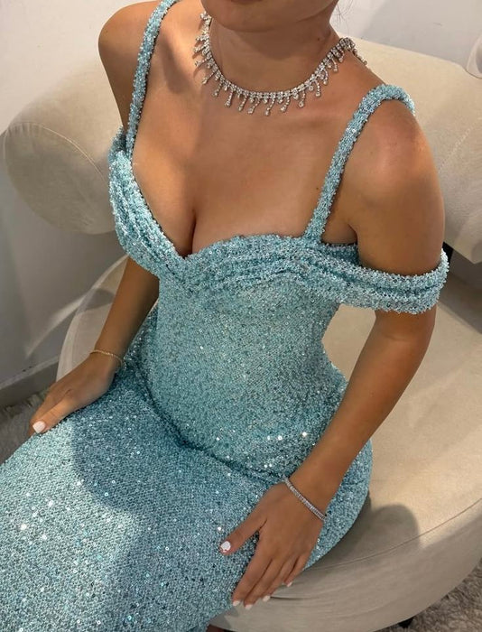 Sparkly Sequins Mermaid Prom Dress Spaghetti Straps Ruffles Evening Gowns