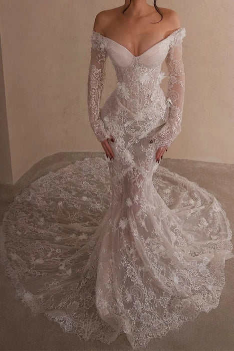 Off-the-Shoulder Lace Mermaid Wedding Dress with Long Sleeves