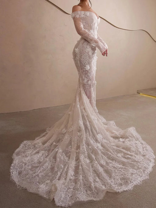 Off-the-Shoulder Lace Mermaid Wedding Dress with Long Sleeves
